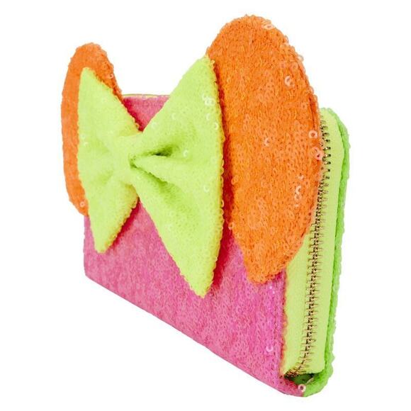 NWT Loungefly Minnie Mouse Exclusive Color Block Neon Sequin Zip Around Wallet - Picture 2 of 4